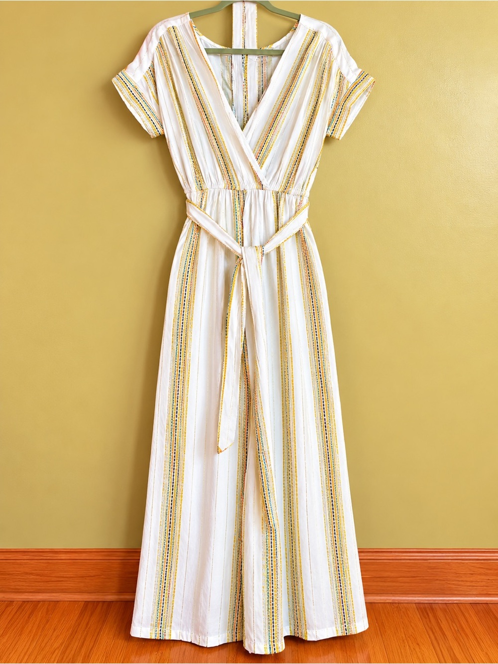 America & Beyond Roman Stripe Jumpsuit Small NWT Gold Multi Wide Leg Belted